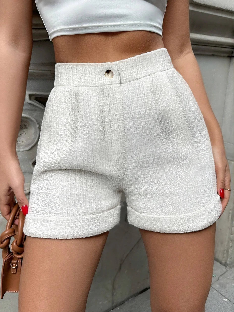 Women High Waist Tweed Shorts Solid Casual Knit Pocketed Bottoms